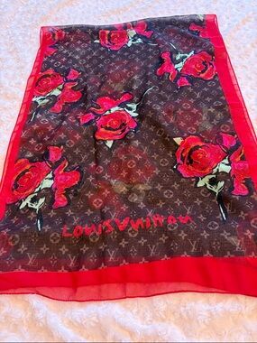 Louis Vuitton Brown Monogram Silk Scarf with Red Rose Motif NEW unused